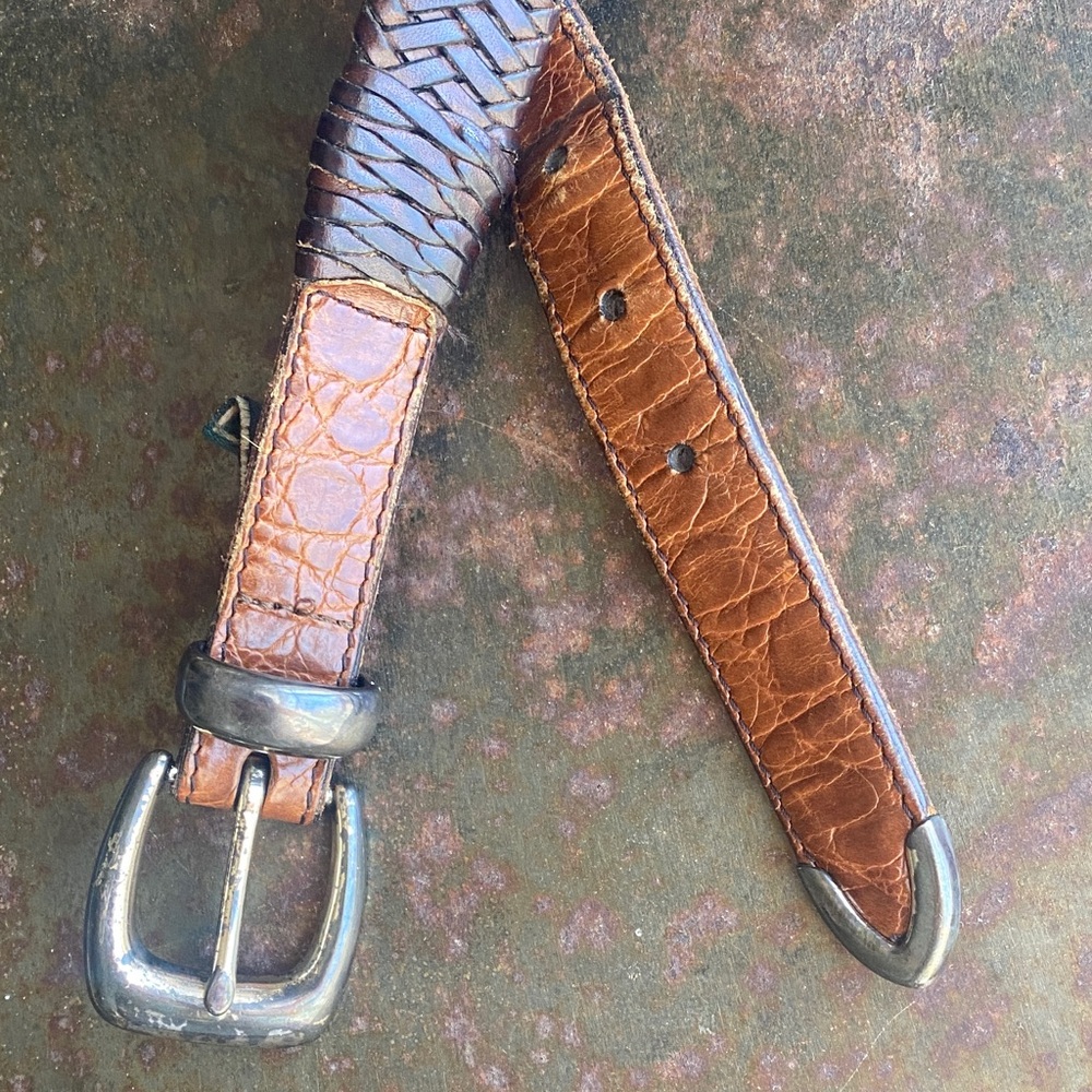 Cole Haan BrownBraided Leather Belt w/ Croc-Pattern Leather Tabs & Brass Buckle